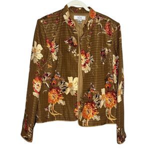 NEXX Jacket Womens Large Brown Floral Silk Linen Blend Quilted Open Front Lined